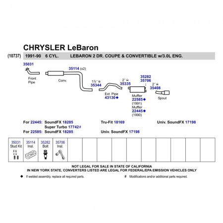 Silencieux Walker Chrysler Lebaron 3 L 1990 uniquement